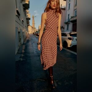 NWT SIZE SMALL TIED POLKA DOT MIDI DRESS TOFFEE 5029/219/745 ZARA